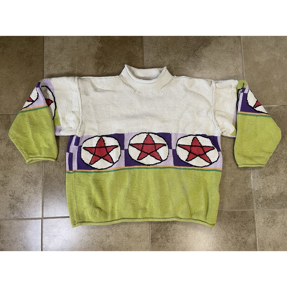 Vintage Jos Color Block Knit Oversized Sweater Women's Size 4 Green Mock Neck